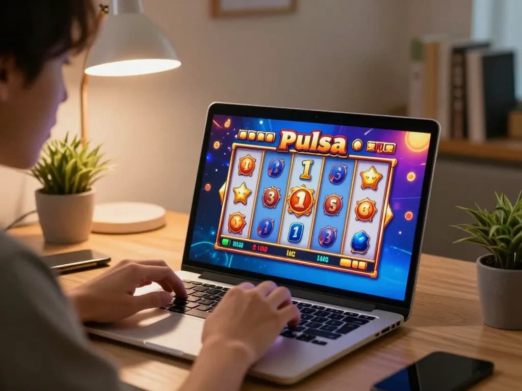 Engaging player spinning slot pulsa reels at home gaming setup, warm lighting creates inviting atmosphere.