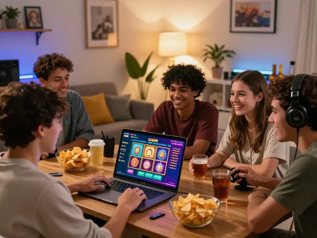 Friends enjoying online gambling games at Nhà Cái Kuwin platform with colorful visuals and snacks.