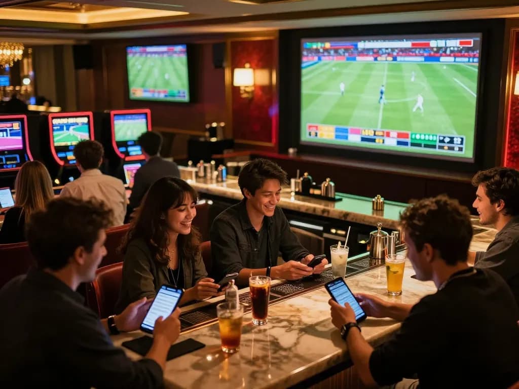 fun88 players engaging in live sports betting at an upscale lounge, showcasing excitement and strategy in action
