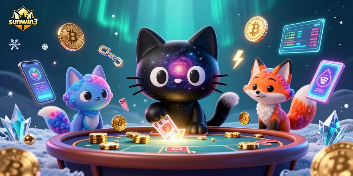 Engage with the vibrant cosmic casino scene featuring sunwin3 character elements like crypto coins.