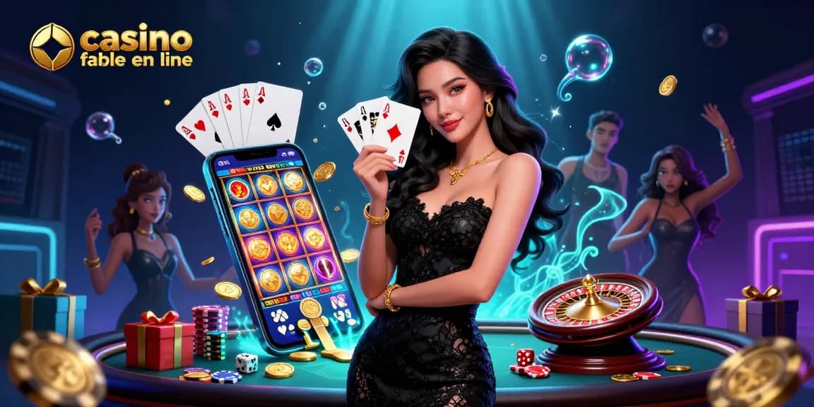 Vivez l'action dans un casino fiable en ligne avec une femme élégante présentant des cartes de poker et des éléments de jeu vibrants.