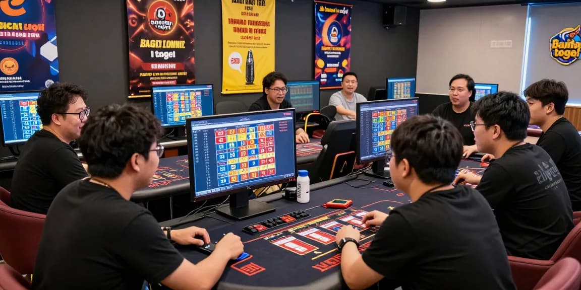 Players strategizing around a live SGP Togel draw on an online platform, showcasing bandar togel excitement.