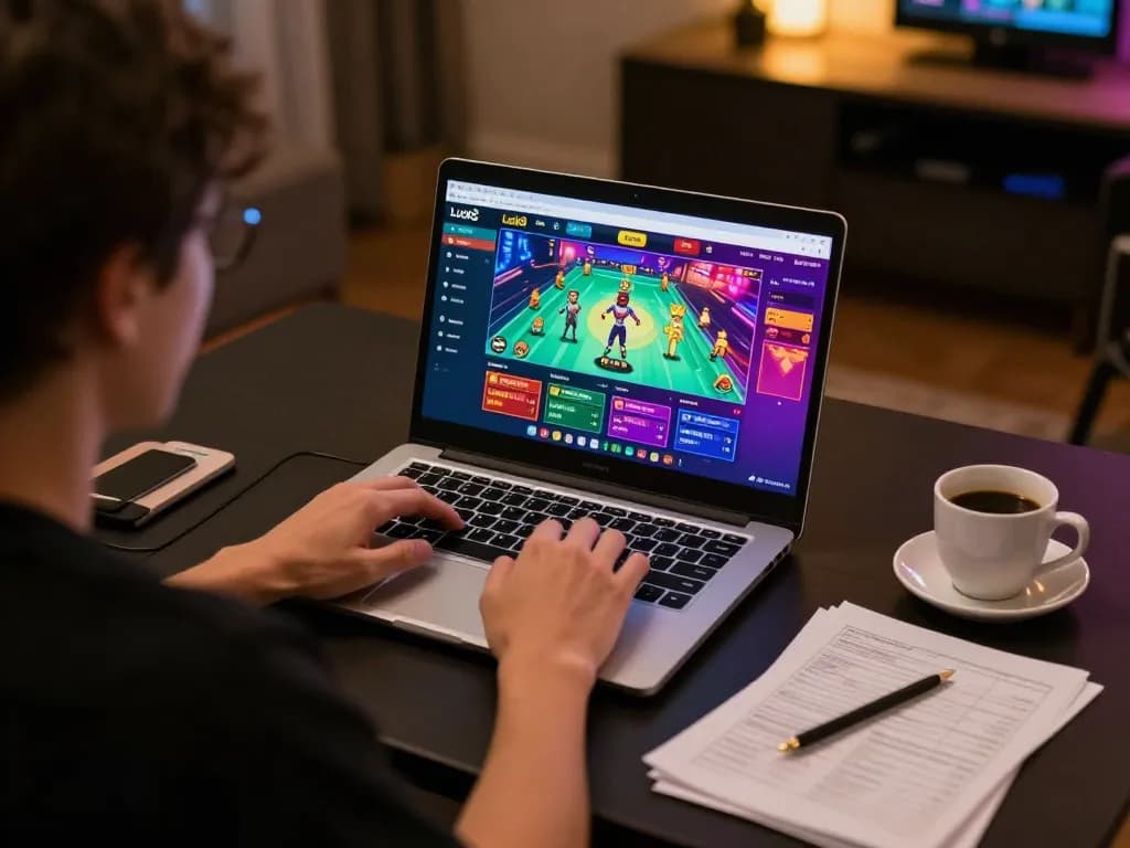 Person engaged in online gaming on Luck8 platform while studying strategy at home