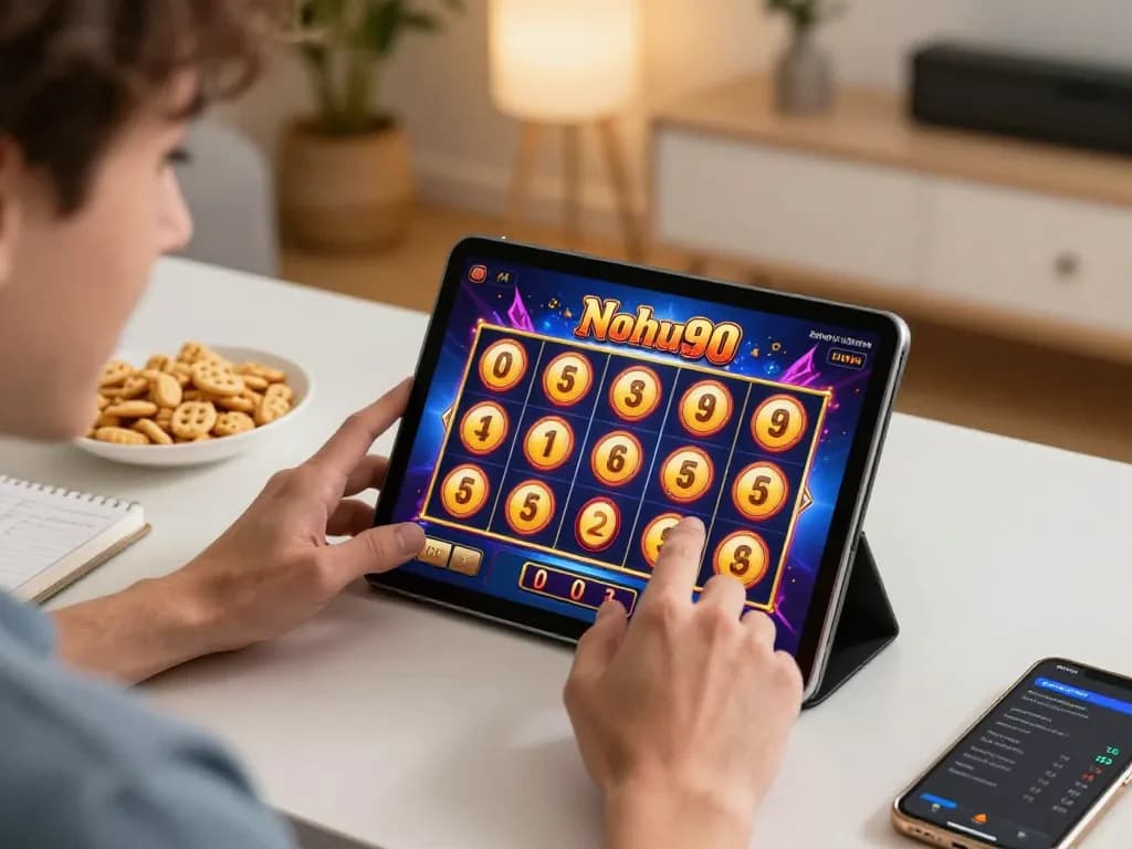 Nohu90 player enjoying thrilling slot games on a tablet in a cozy home setting