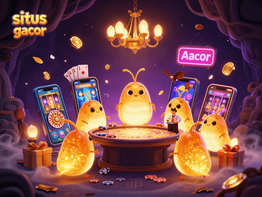 Engage with situs slot gacor in a vibrant casino scene lit by glowworms and featuring exciting game elements.