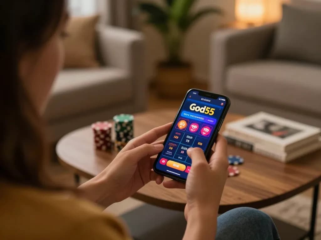 Enjoying online gambling at God55 with a smartphone, cozy home setup featuring poker chips and ambient lighting
