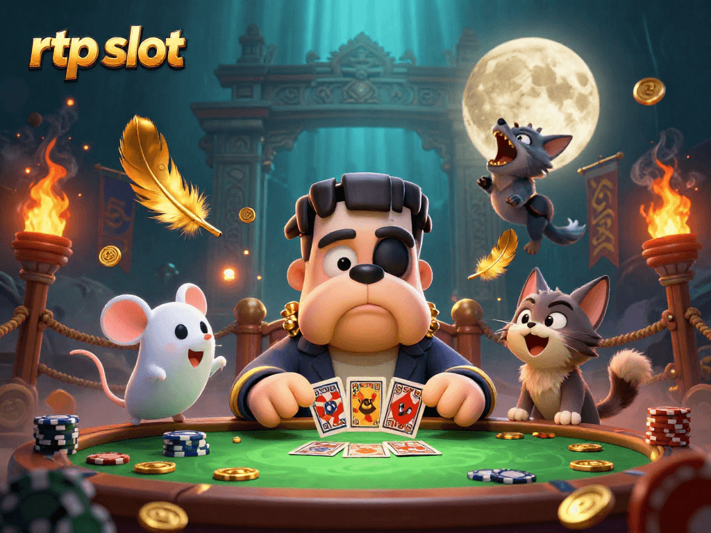 Engage with rtp slot gameplay featuring animated characters and casino elements in a vibrant 3D illustration.