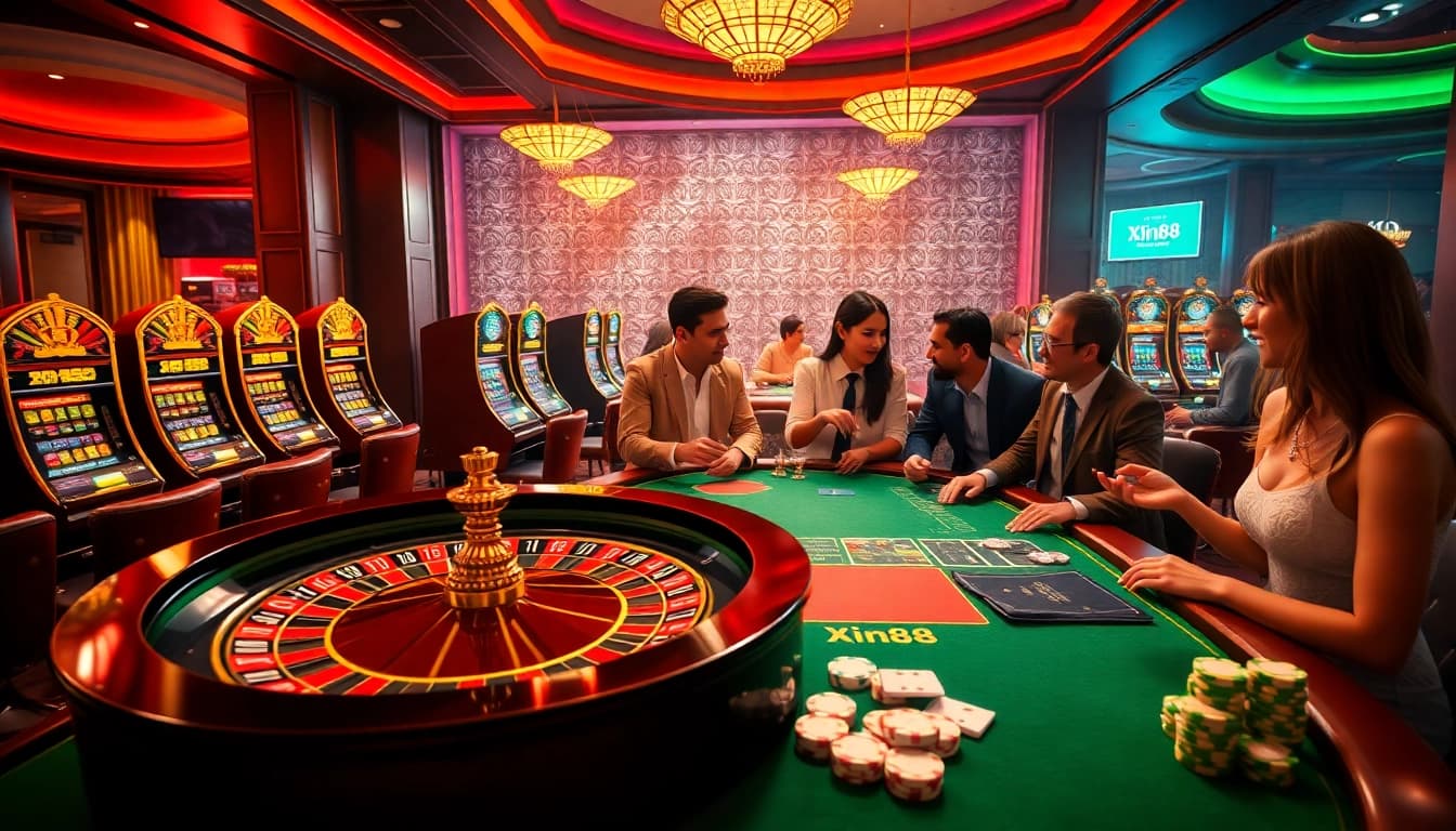 Players enjoying an exciting game of poker at Xin88 casino, showcasing vibrant chips and cards.