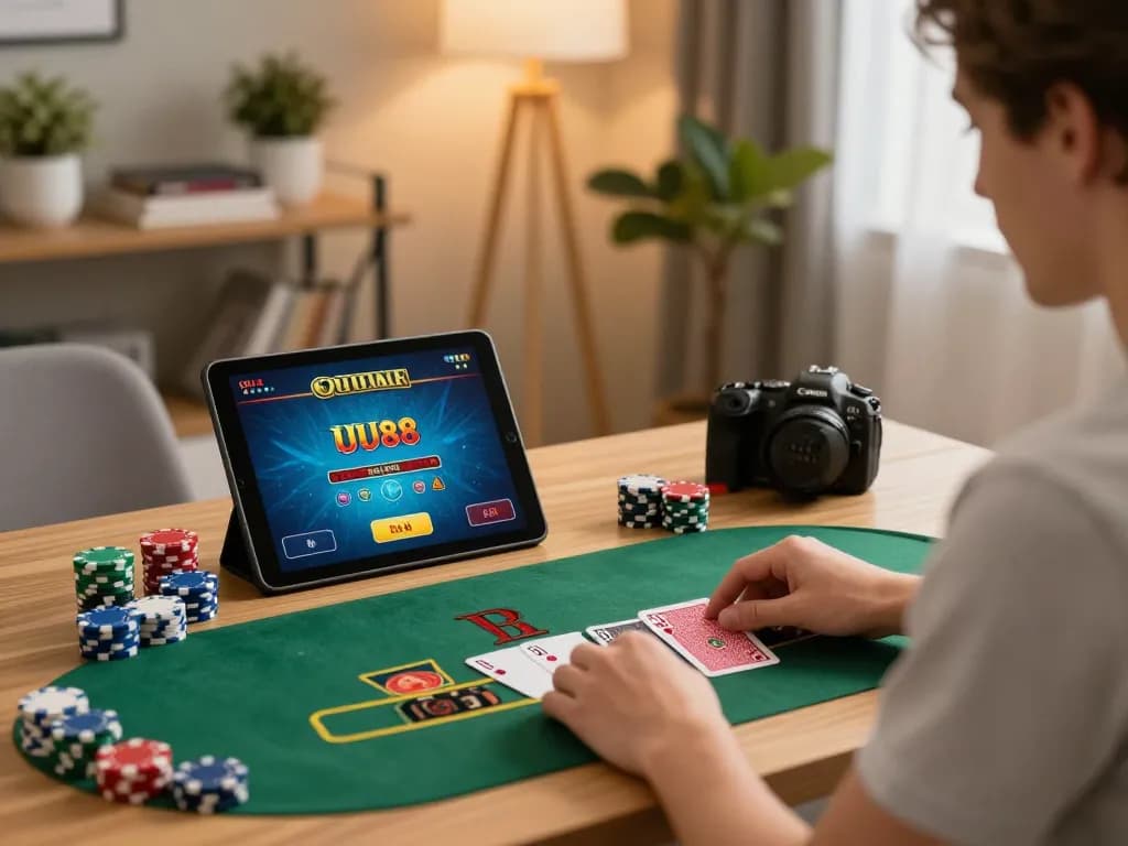 UU88 player enjoying a strategic blackjack game on tablet at home, highlighting modern gaming experience