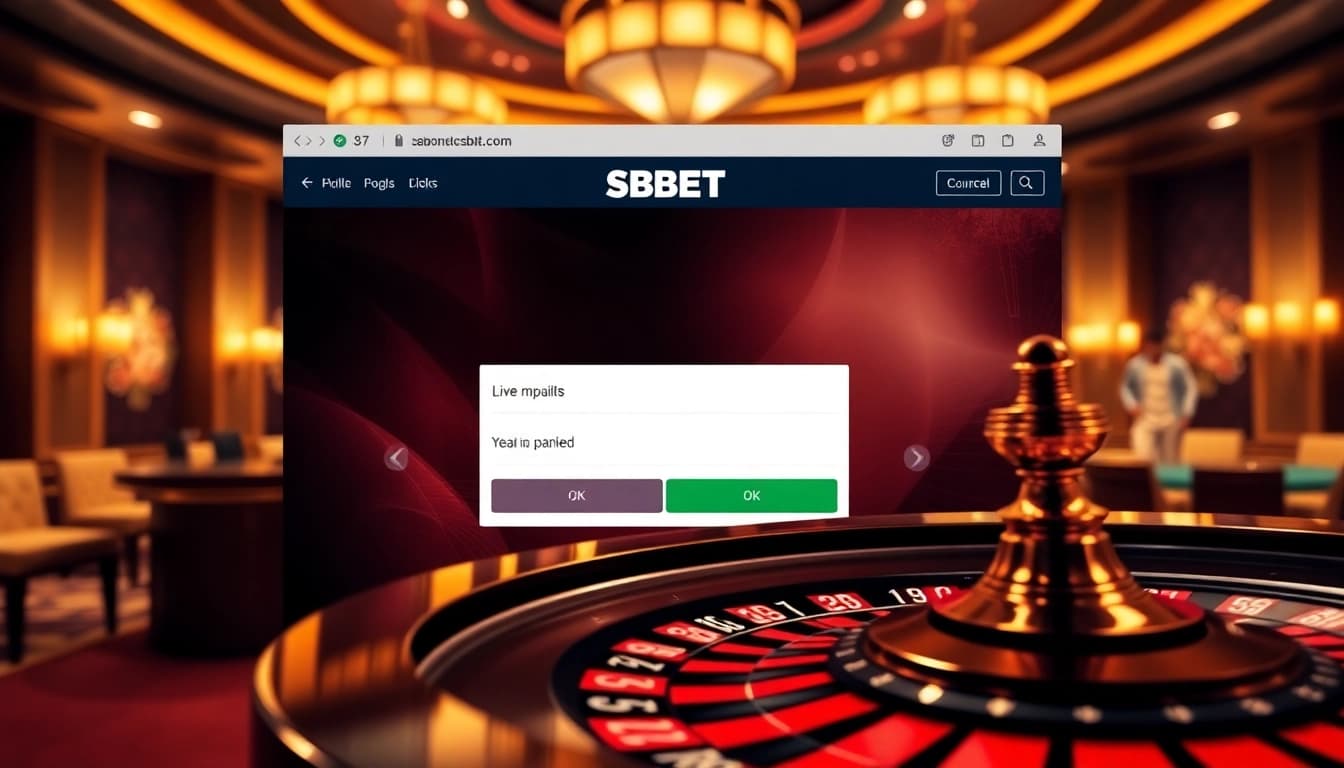 SBOBET login interface showcasing vibrant gambling elements like poker chips and a spinning roulette wheel, embodying excitement and professionalism.