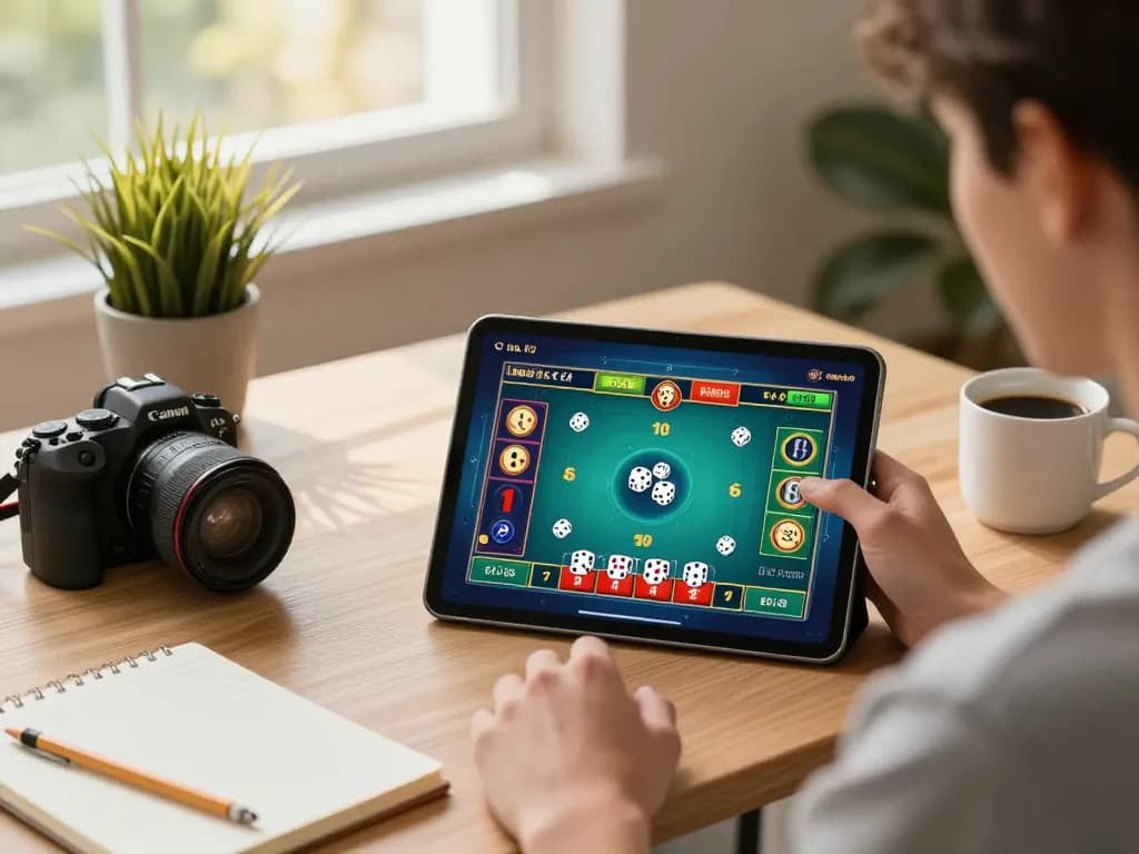 Tài xỉu online gaming session with a player focused on a tablet in a cozy home setting.