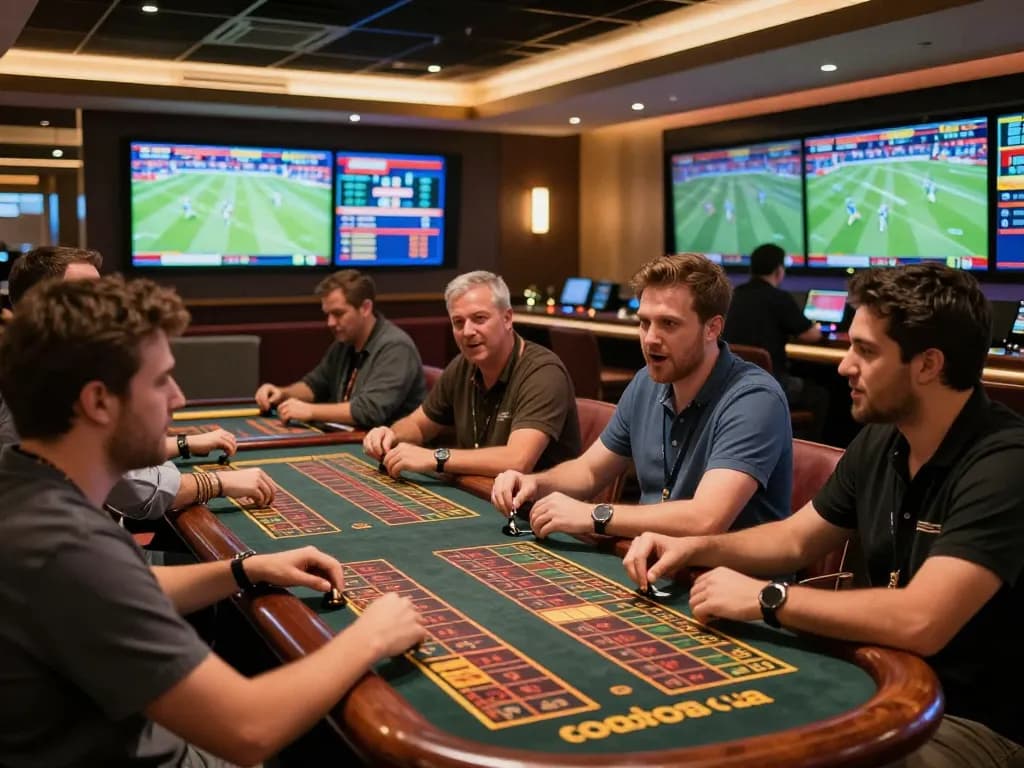 rr88 sports bettors analyzing games on screens and placing wagers in a modern casino setting