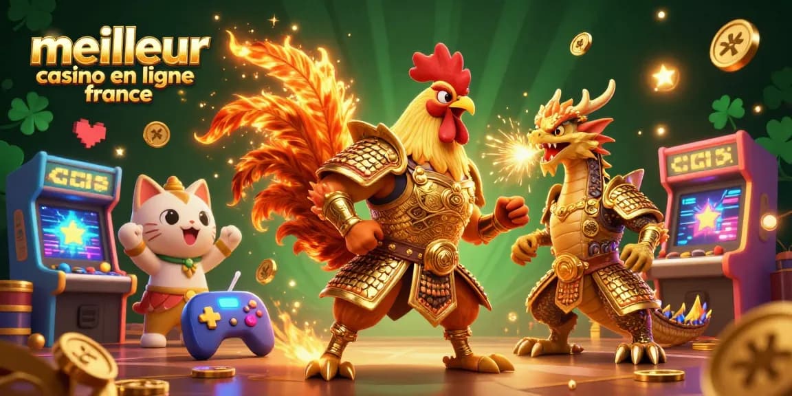Participez à des aventures palpitantes au meilleur casino en ligne france avec une illustration vibrante de style cartoon mettant en scène des personnages comme un coq guerrier et un dragon.