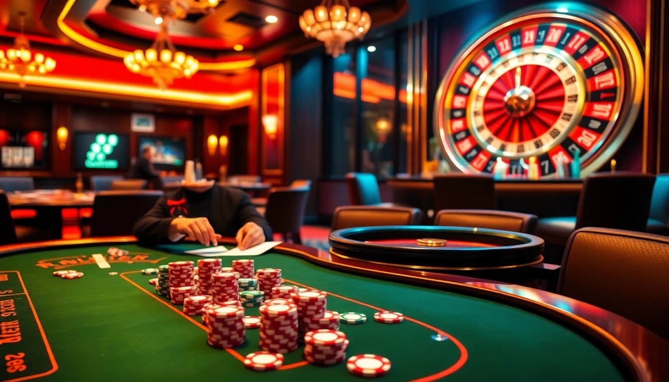 Gambling excitement at https://kuwinblog.com/ with vibrant tables, dealers, and a roulette wheel.