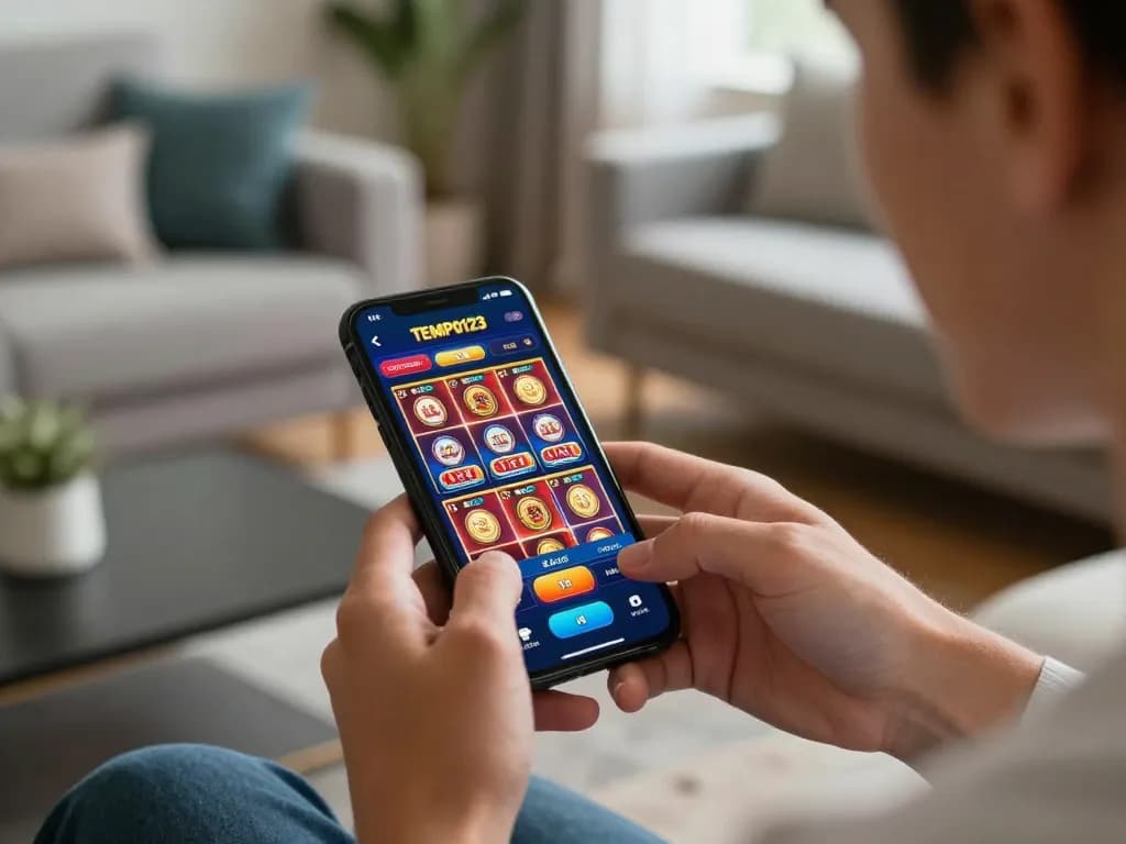 Pemain menggunakan aplikasi Tempo123 di smartphone sambil bersantai di lingkungan rumah yang stylish