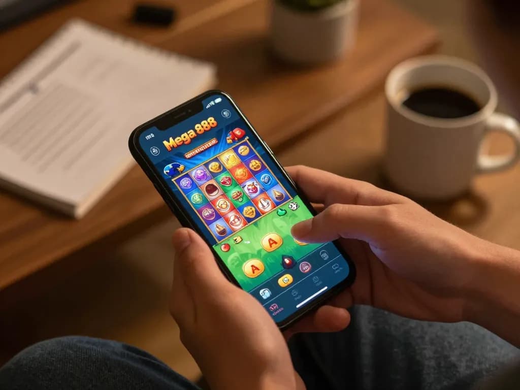 Experience exciting gaming on Mega 888 mobile app, featuring vibrant gameplay and a cozy home setting.