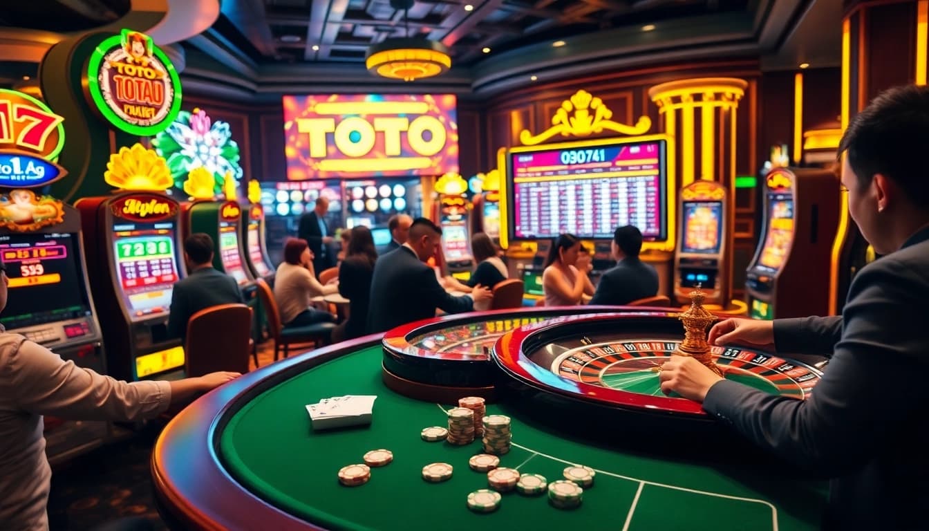 Toto Macau players enjoying a live draw event filled with excitement and vibrant casino elements.