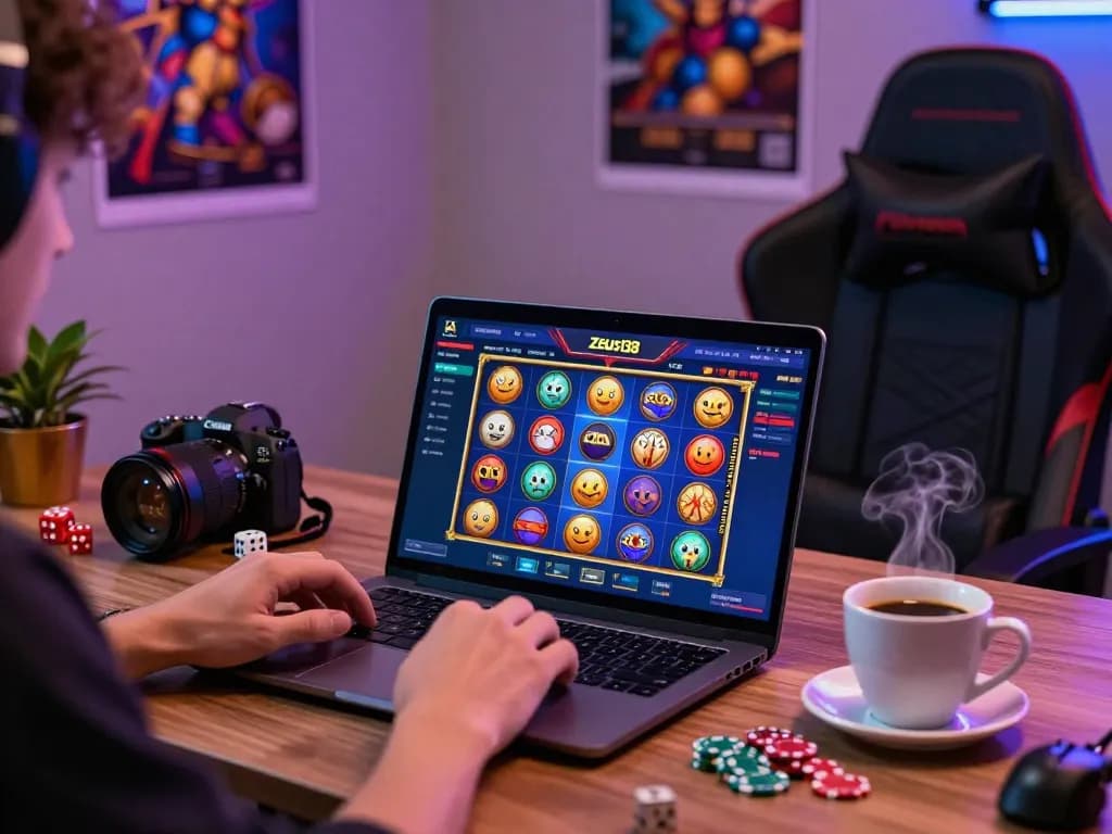 Engaging Zeus138 online gaming setup with colorful slot games and gaming paraphernalia in a cozy atmosphere.