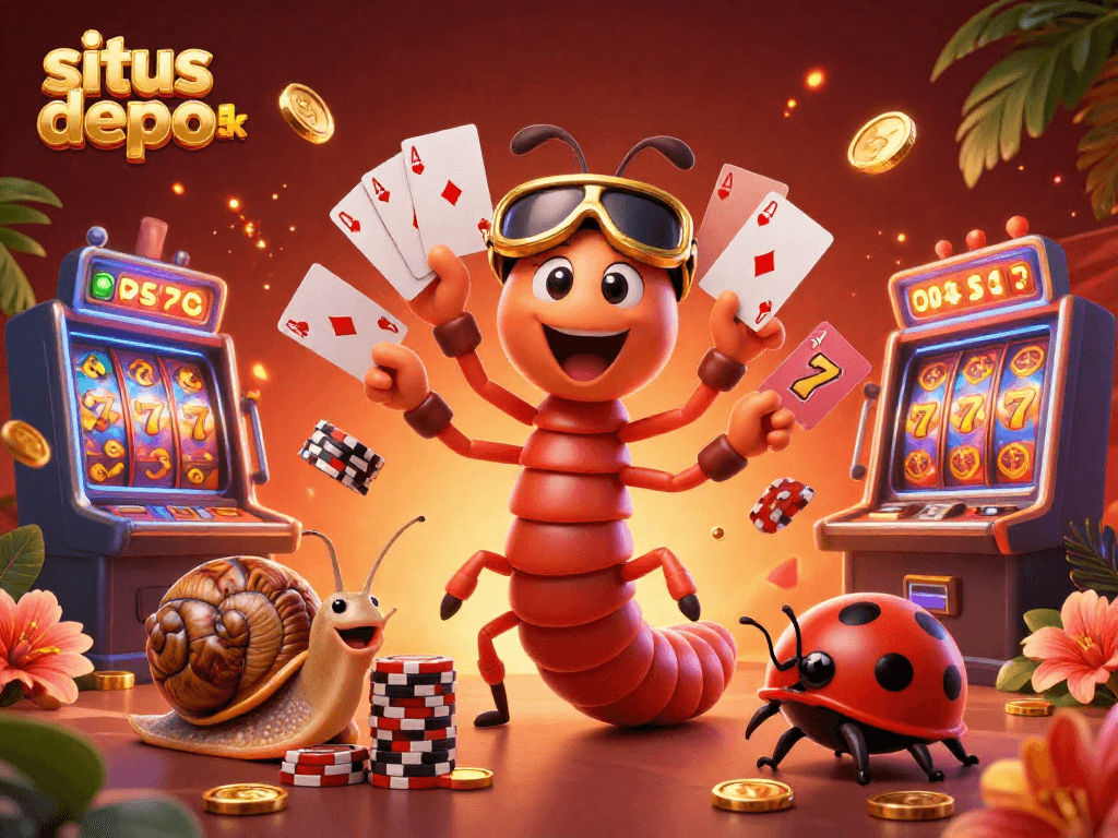 Spin reels and win big with situs depo 5k illustrated by a whimsical dealer and high-rolling characters.