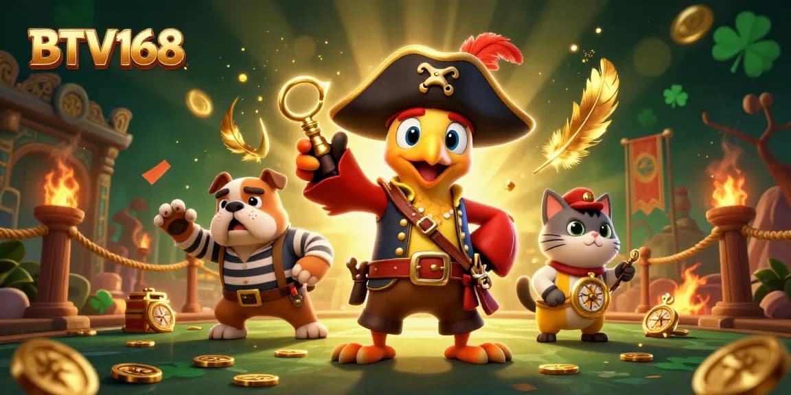 Engage in thrilling gameplay at BTV168 with a vibrant 3D casino illustration featuring a pirate theme.