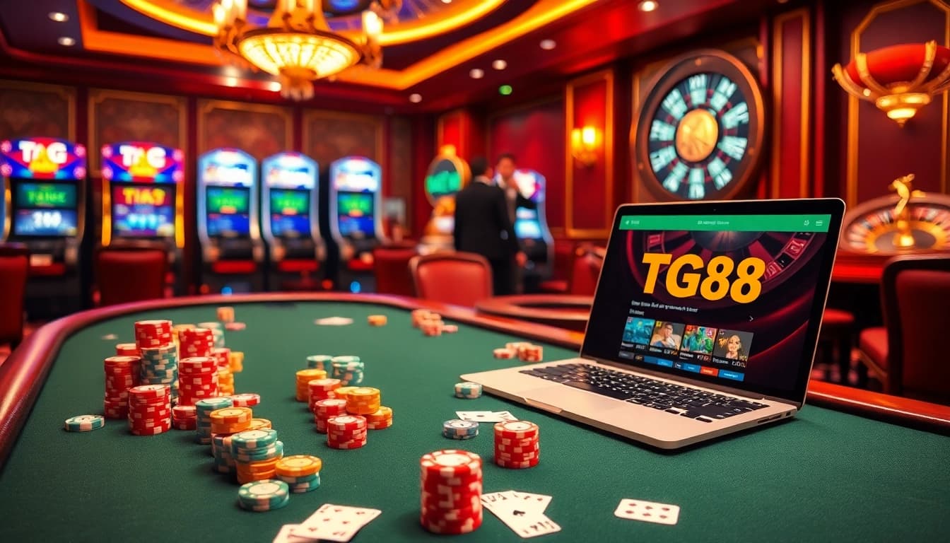 Players enjoying strategic gameplay at TG88 casino, showcasing poker chips and slot machines.