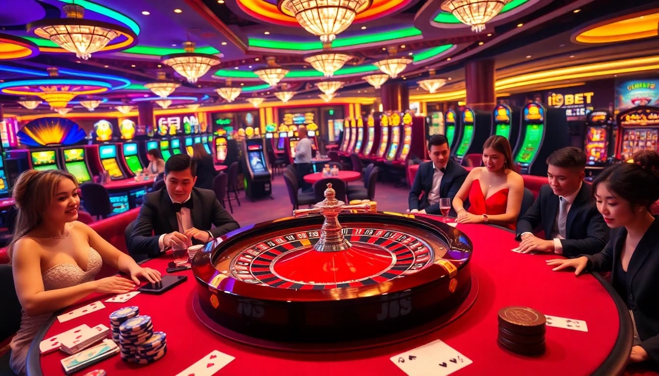 Experience the thrill of gaming at i9bet with a luxurious casino scene featuring roulette and players.