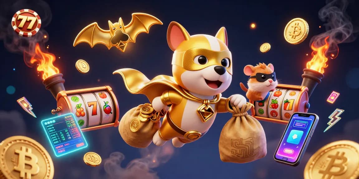 Spin to win in a vibrant 777-themed casino scene with a superhero dog and hamster.