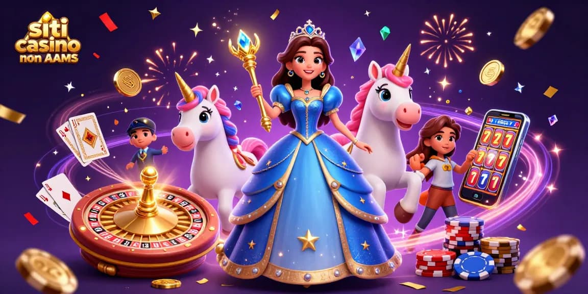 Scintille volano nei siti casino non AAMS mentre una donna regale e un unicorno festeggiano con fiches e monete cariche.
