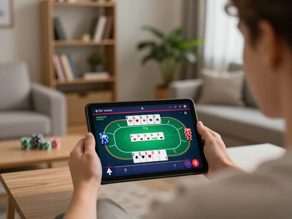 Luck8 player strategizing during an online poker game on a tablet in a cozy living room.