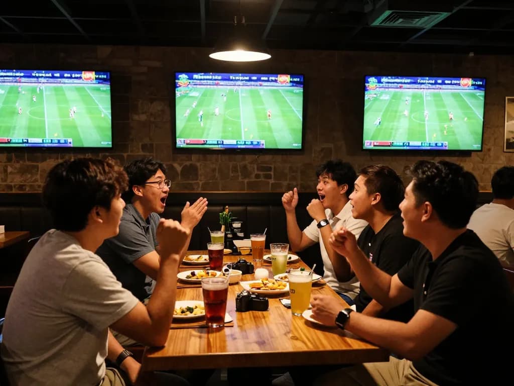 Analyzing kèo nhà cái in a lively sports bar while enjoying a live football match