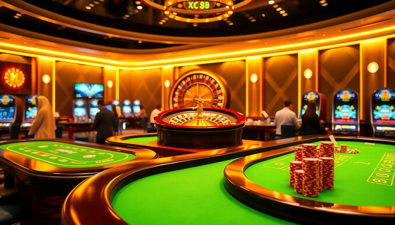 xin88 brand casino table with vibrant poker chips and an elegantly spinning roulette wheel.
