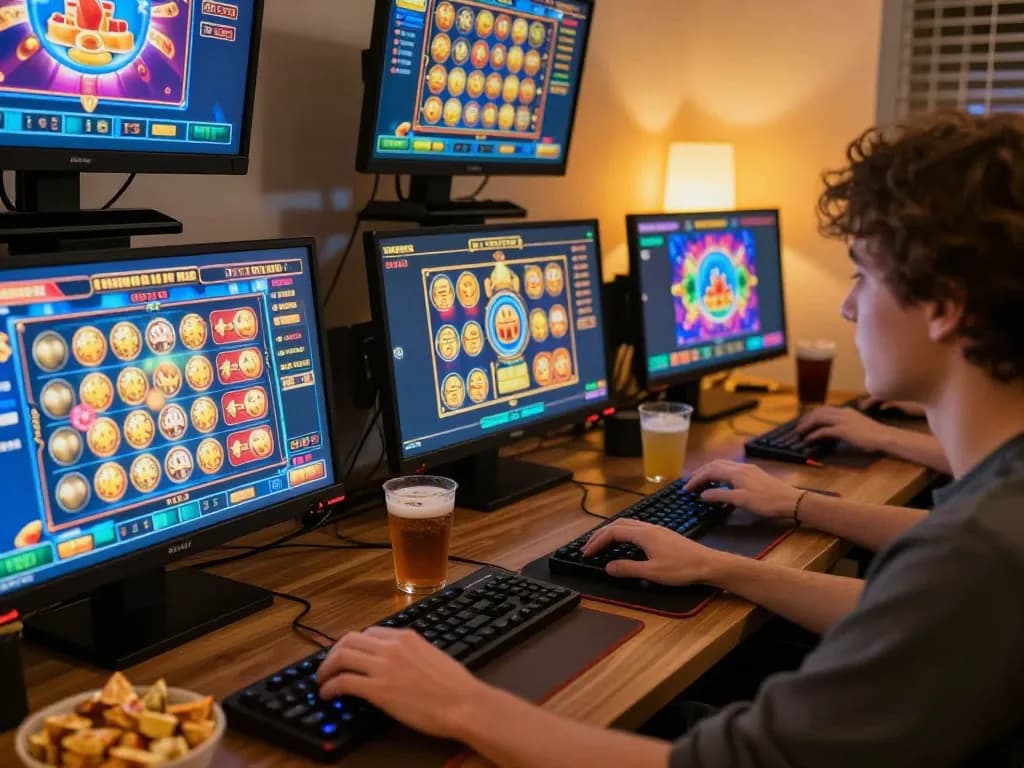 Player engaging with multiple slot games on screens, showcasing excitement in online gambling