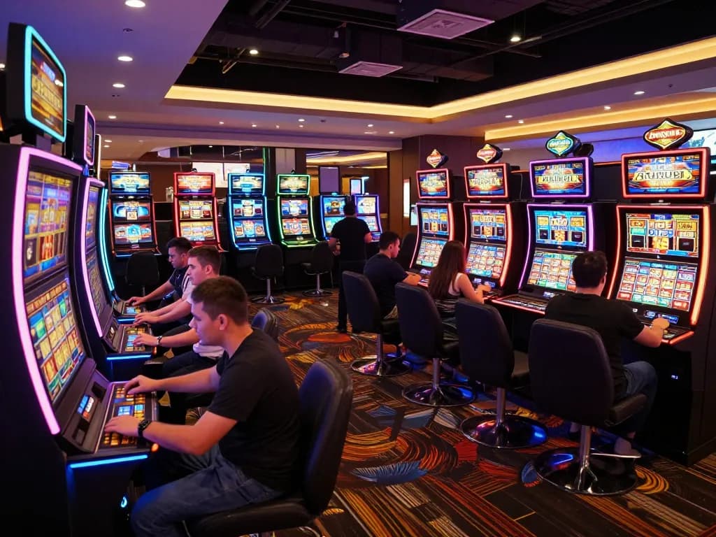 An exciting gaming scene at OKKING1 showing players engaging with vibrant slot machines and high-energy atmosphere.