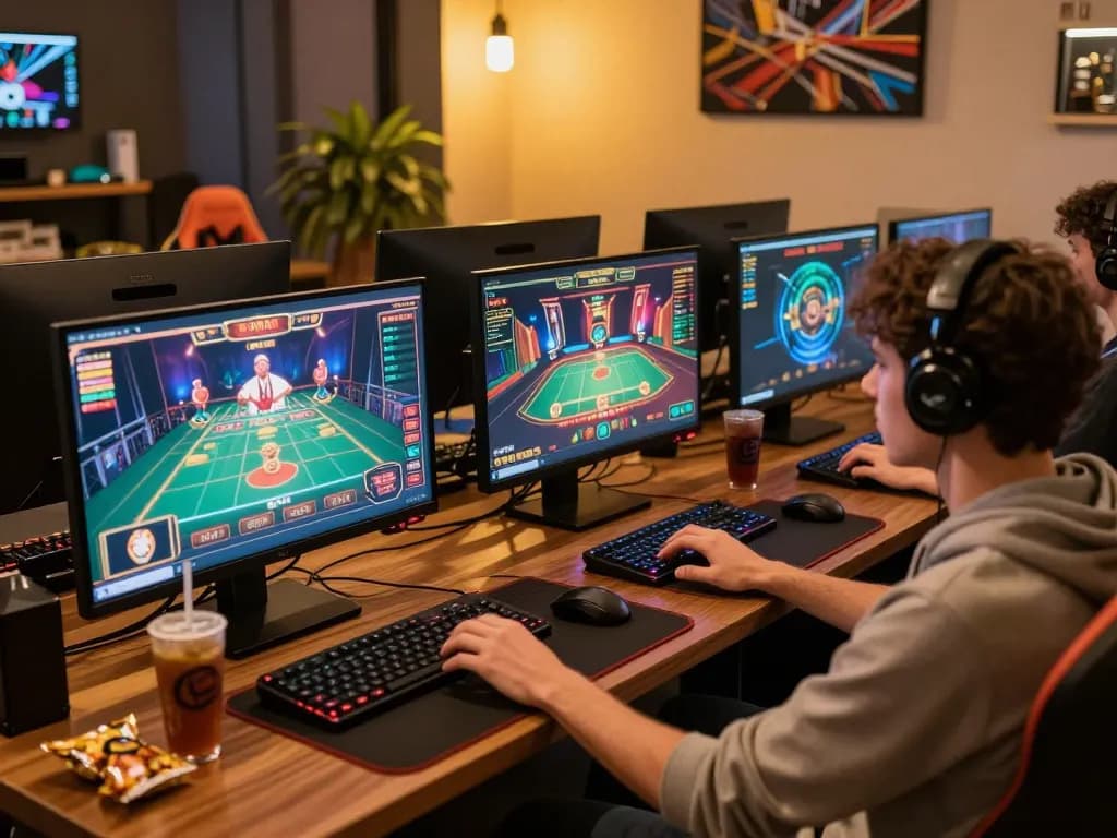 Playing tr88 games on multiple screens in a cozy online gaming setup, focused and strategic atmosphere.