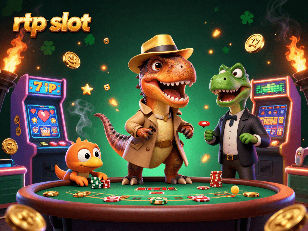 Experience the thrill of rtp slot with a velociraptor card counter amidst a vibrant casino scene.