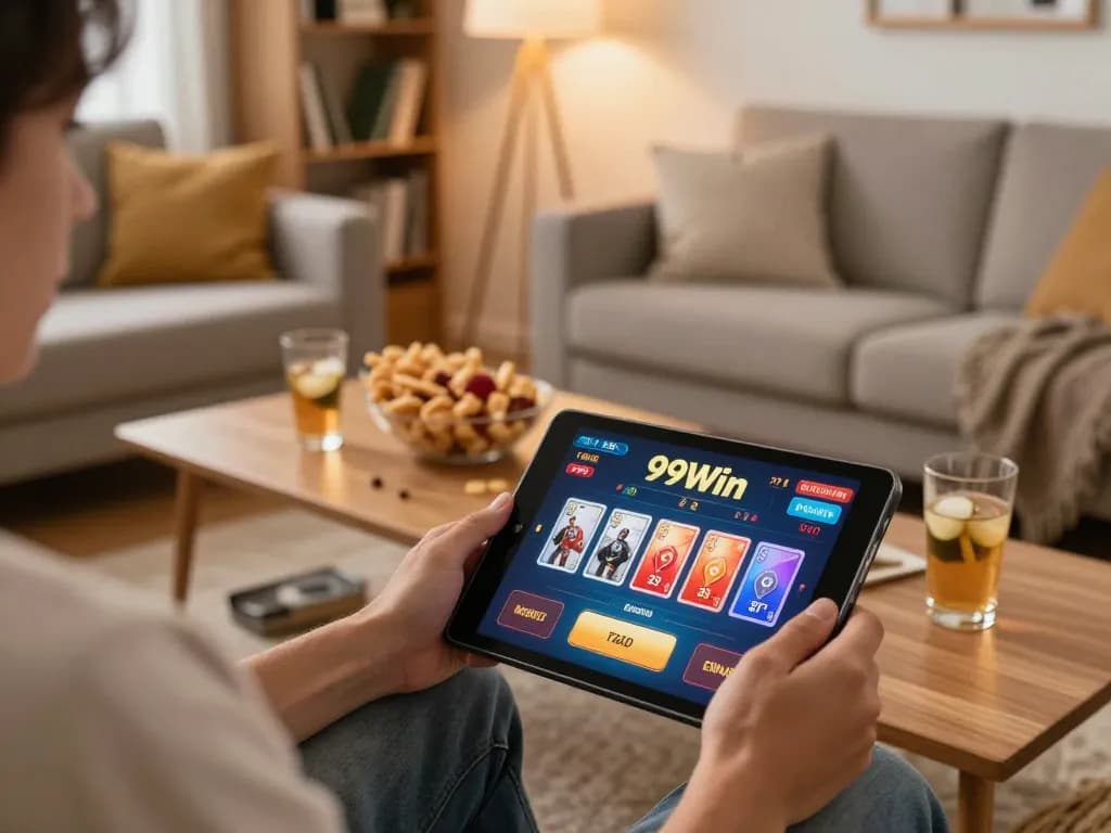 Engaging with 99Win on a tablet in a cozy home gaming setup.