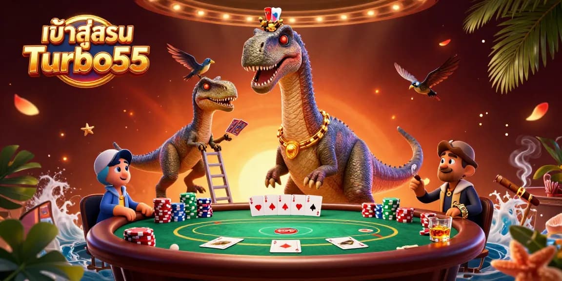 Engage in thrilling poker action with เข้าสู่ระบบ Turbo55 and giant cartoon dinosaur delivering cards.