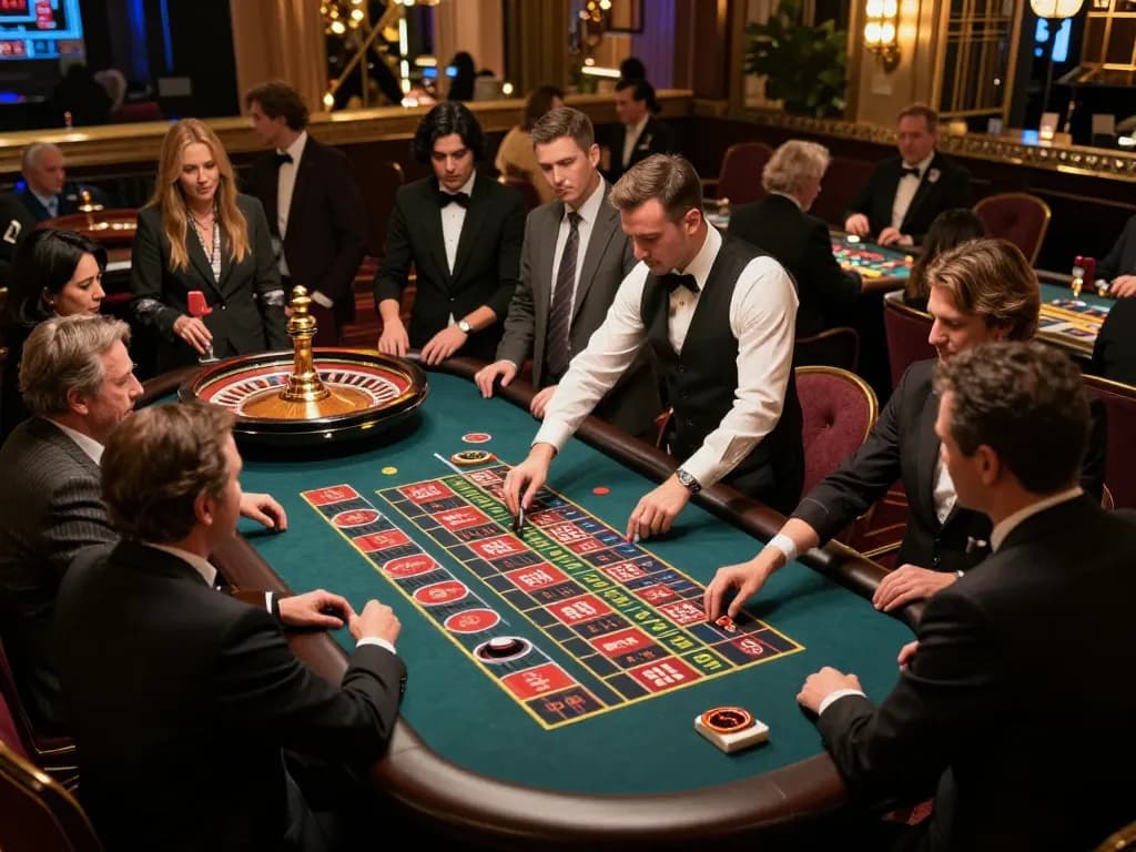 Qh88 players enjoying a thrilling roulette game at a luxurious casino table.
