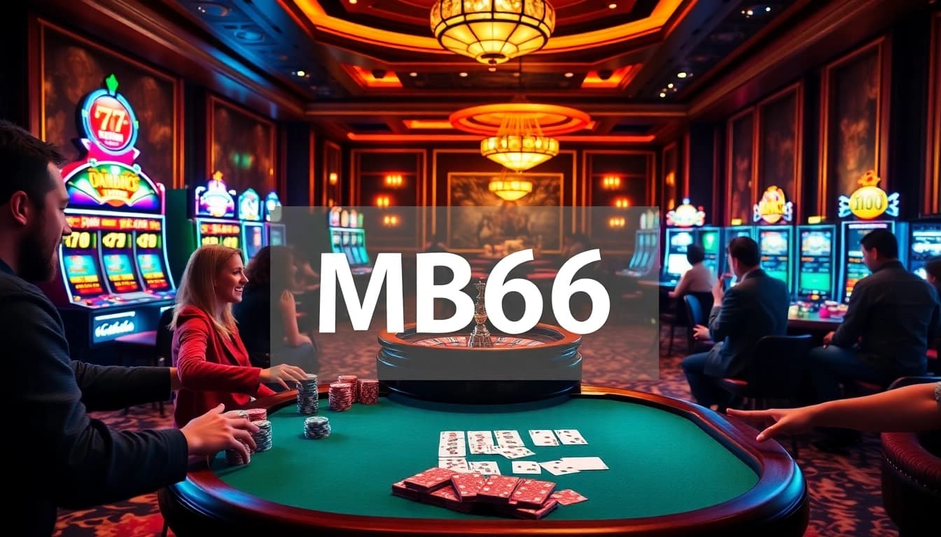 Engaged players at poker table showcasing MB66 casino chips in a vibrant atmosphere