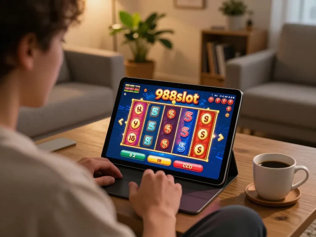 Engaging user spinning reels on 988slot tablet in cozy home setting with stylish decor