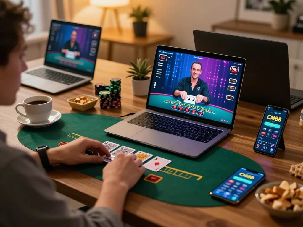 Enjoying a live blackjack game on CM88 with a laptop at home, showcasing excitement and strategy.