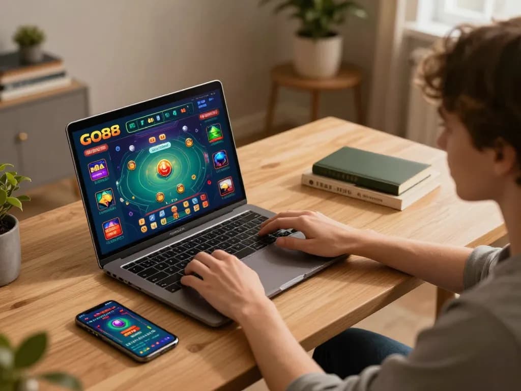 Player engaging with GO88 online casino games on a laptop in a cozy home setting.
