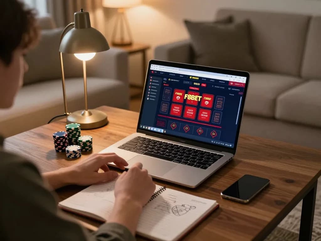 Player engaging with F8BET online casino interface while analyzing poker strategy notes in a cozy home setting