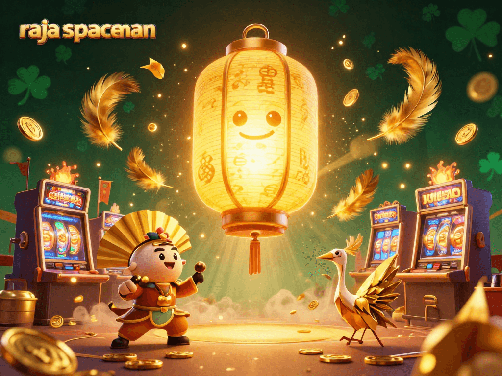 Win big playing slots with raja spaceman amidst golden lanterns and vibrant casino elements.