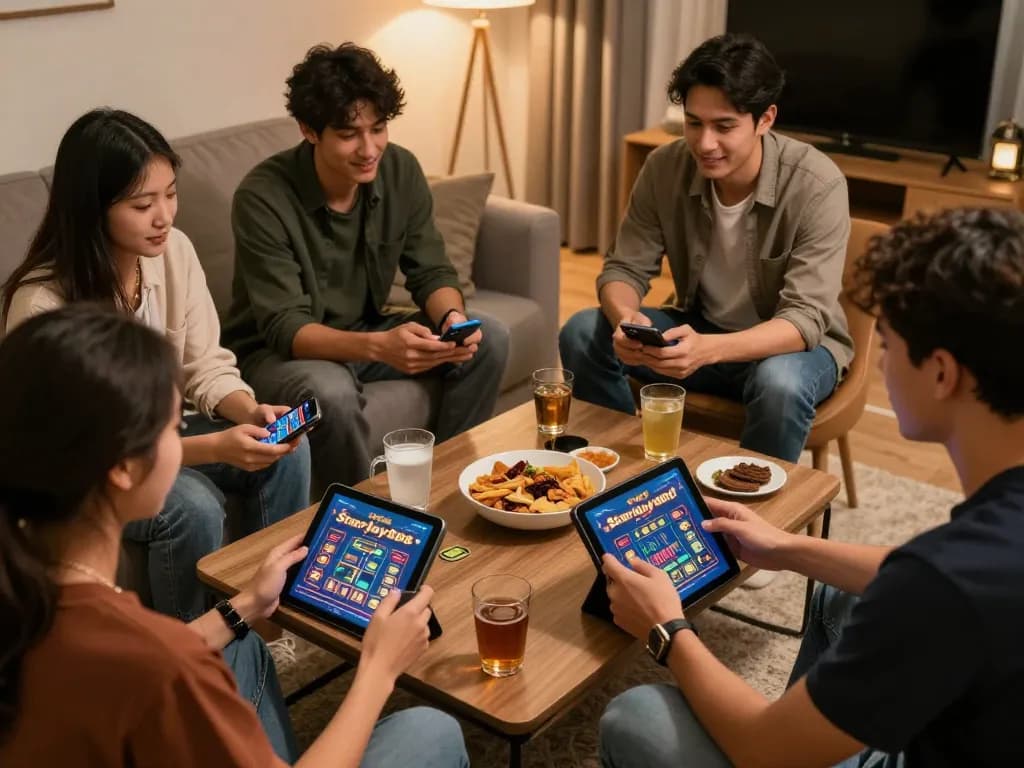 Teman-teman menikmati permainan kasino online di aplikasi starplay88 dari rumah, menunjukkan strategi dan kesenangan.