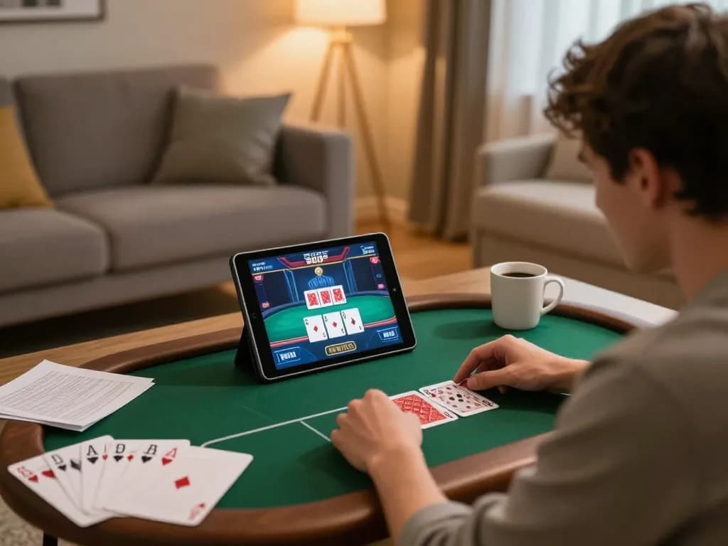 Player engaged in thrilling poker action on a tablet at home, showcasing 388bet online gaming.