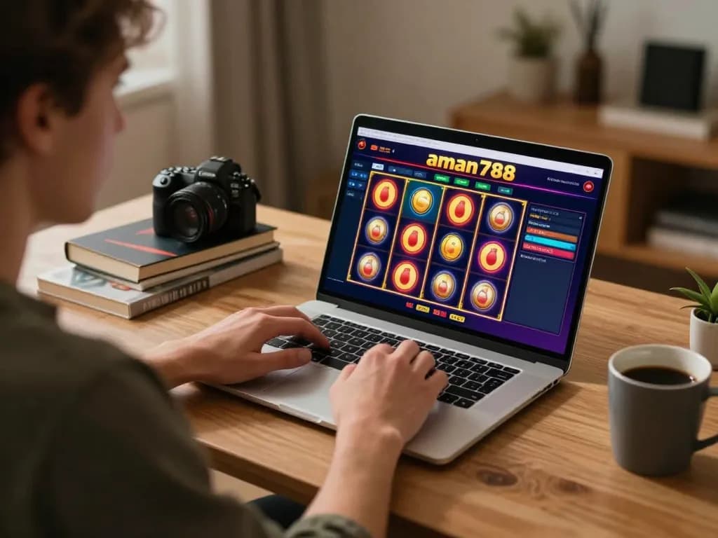 Pengguna yang terlibat bermain slot online aman788 di laptop, menampilkan antarmuka permainan yang hidup dan pengaturan rumah yang nyaman.