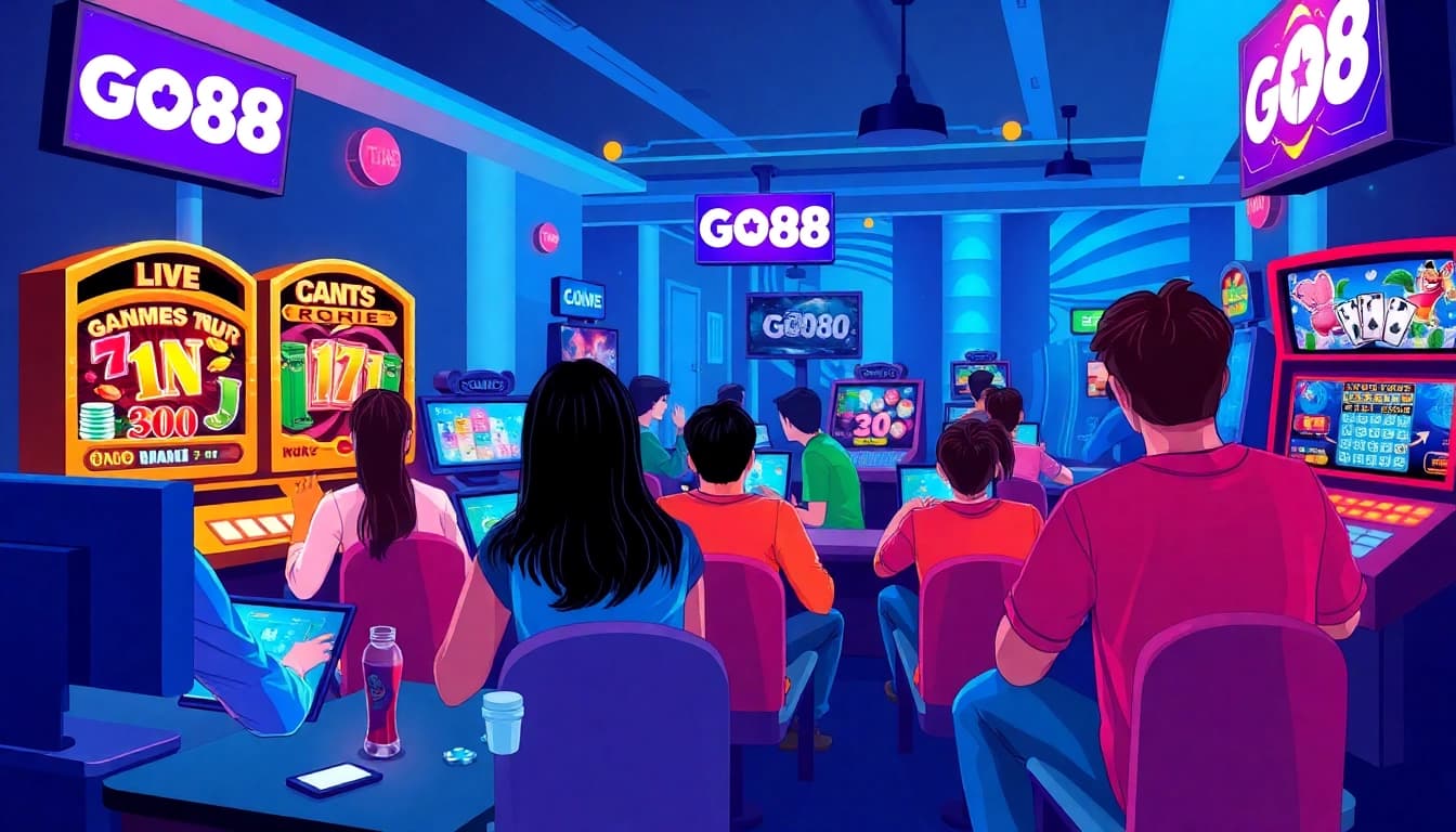 Tải GO88 in a lively gaming environment with players enjoying card games and slots.