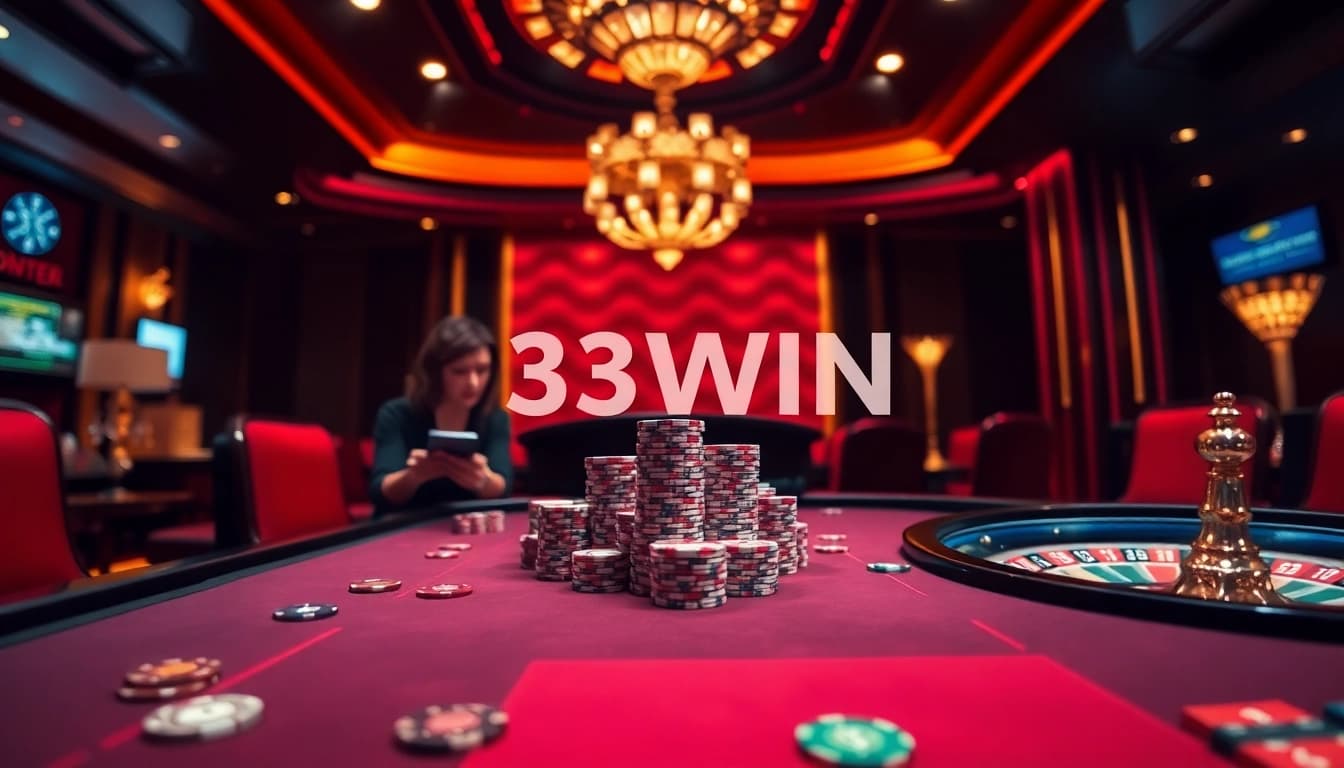Players strategizing at a poker table featuring the keyword 33WIN, showcasing high-stakes excitement.