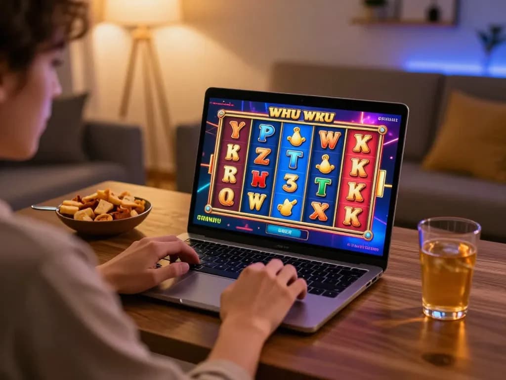 Engaging in an online slot online experience at home, player enjoying colorful reels and snacks.